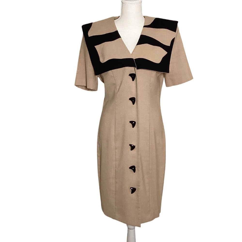 Tobias & Co Sailor Collar Sheath Dress Womens 6 Tan Vintage Retro Mod Career Art